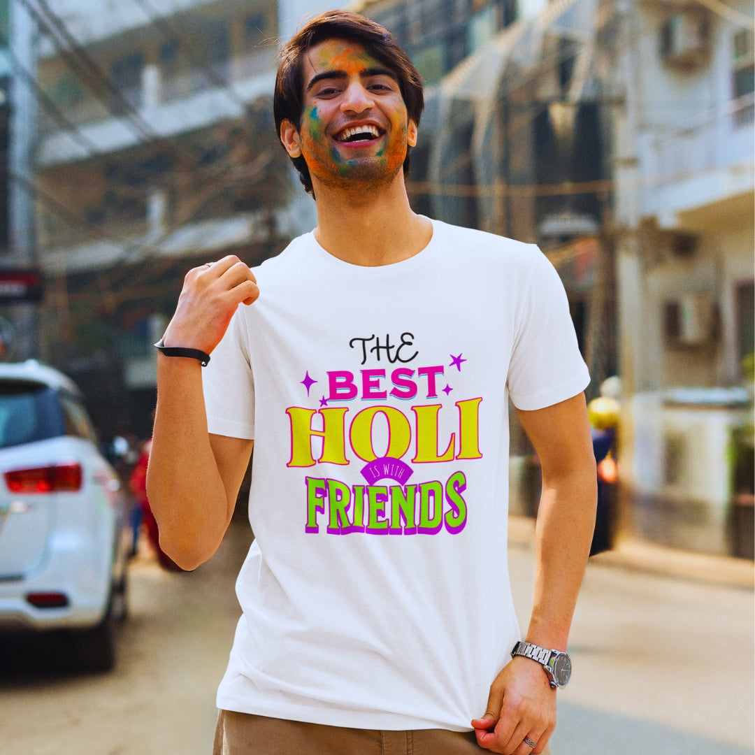 The Best Holi Is With Friends Holi T-shirt in White ( Unisex )