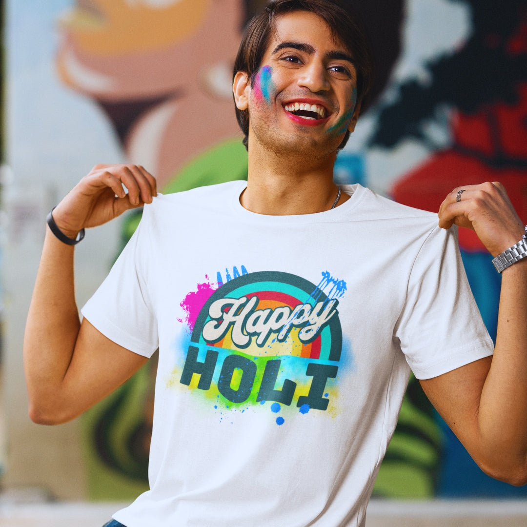 Happy Holi Retro Style T-shirt in White ( Unisex )