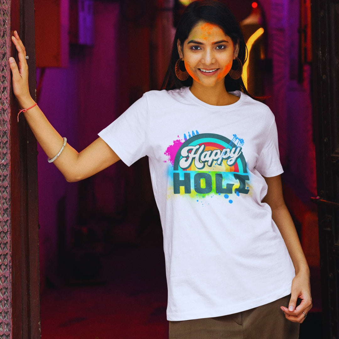 Happy Holi Retro Style T-shirt in White ( Unisex )